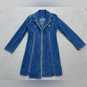 Ethyl Denim Blue Long Coat With Elegant Laced And Horse Design Size Medium